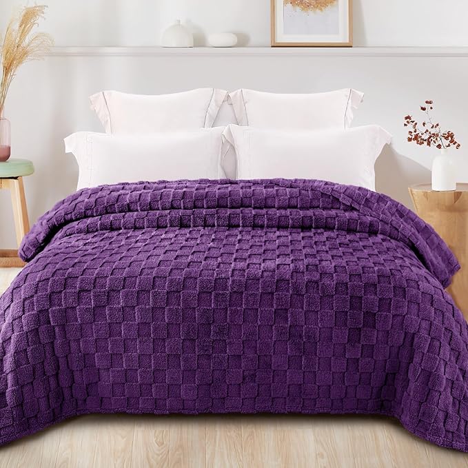Exclusivo Mezcla Twin Size Flannel Fleece Blanket, Super Soft and Warm Lightweight Checkered Pattern Blankets for All Seasons, 60x80 Inches, Purple