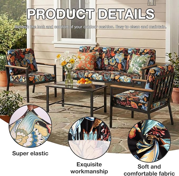 hyha 4Pcs Patio Cushion Covers, Stretch Outdoor Couch Cushion Covers Replacement, Washable Outdoor Chair/Sofa Slipcovers for Patio Furniture Cushions Protector with Elastic Bottom(Floral,Cover Only)