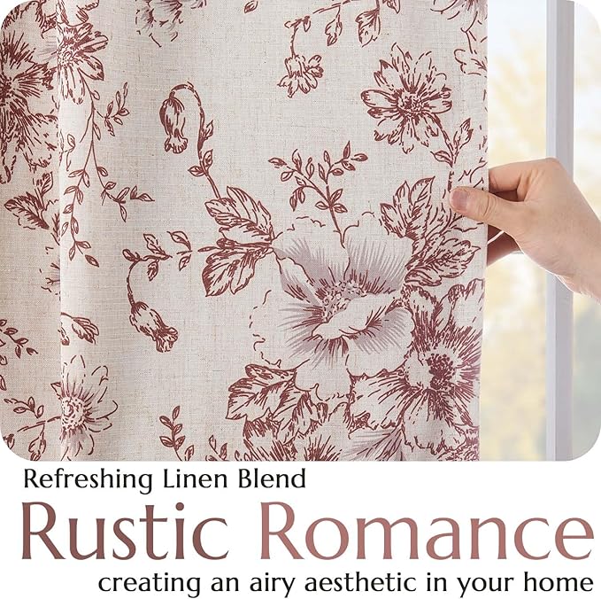 jinchan Blackout Floral Curtains for Living Room Bedroom Linen Blend Curtain Farmhouse Brick Red Printed with Lined Back Tab Rod Pocket Drapes Window Treatments 2 Panels 96 Inch