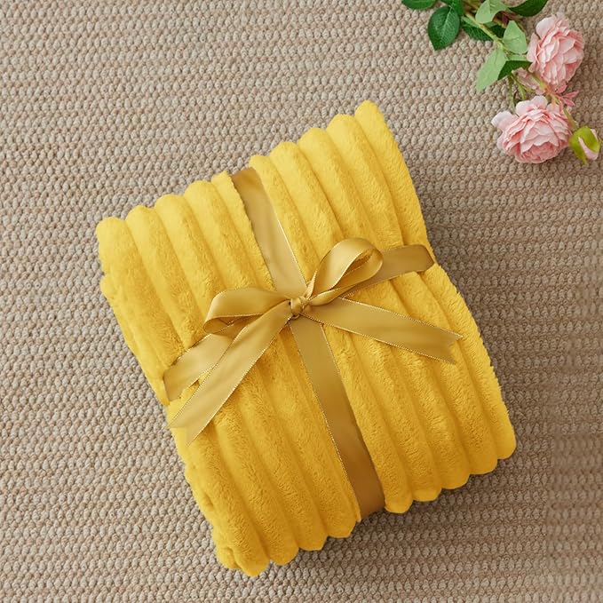 BEDELITE Twin Blanket for Couch & Bed, 300GSM Soft & Warm Fleece Blanket, Decorative and Giftable Striped Light Yellow Blankets for Women, Men, 60"x80"