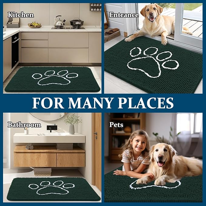 OLANLY Dog Door Mat for Muddy Paws 30x20, Paw Print Design, Absorbs Moisture and Dirt, Absorbent Non-Slip Washable Doormat, Quick Dry Chenille Mud Mat, Entry Indoor Entryway Carpet, Blackish Green