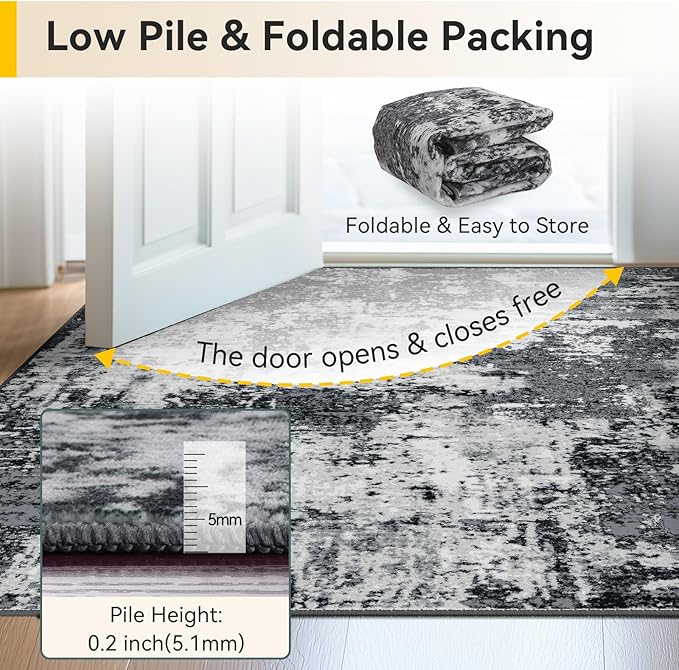 Washable Area Rugs Square 9ft Non-Slip Modern Abstract Soft for Living Room Entryway Bedroom Nursery, Print Pattern, Black Navy Blue Gray
