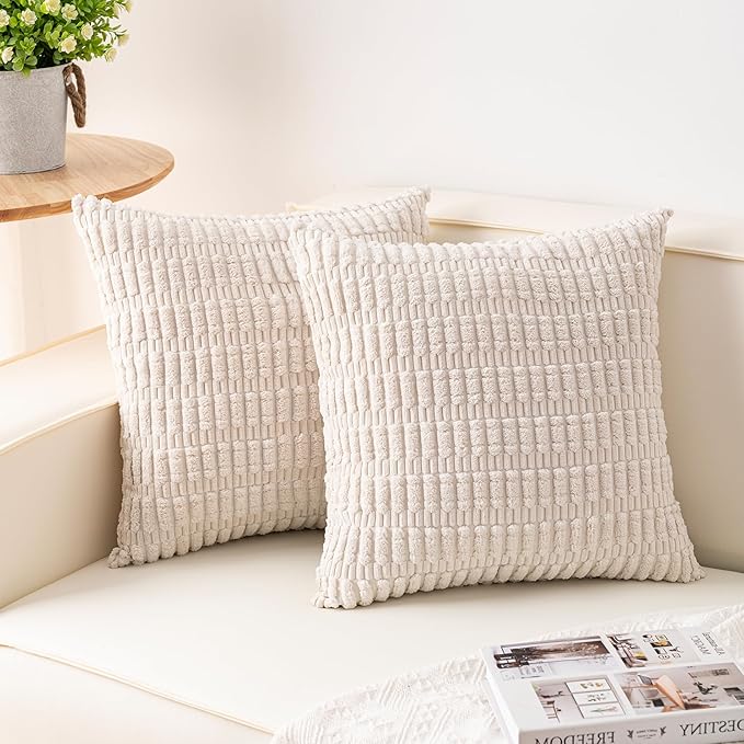Pack of 2 Corduroy Decorative Throw Pillow Covers 16x16 Inch Soft Striped Pillow Covers Modern Farmhouse Home Decor for Sofa Living Room Couch Bed（Cream White）