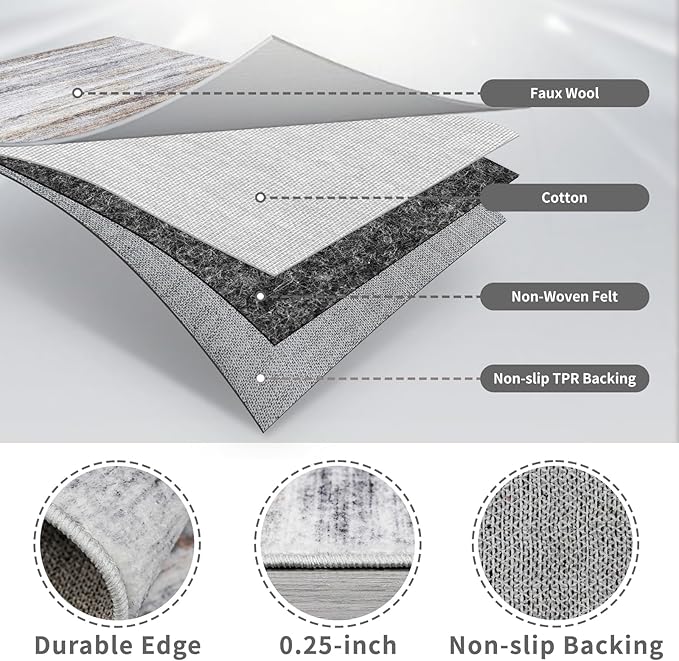 5x12 Runner Rug for Wide Hallway: Long Washable Runners for Entryway Living Room Dining Room - Stain and Water Resistant Rugs with Non-Slip Backing - Soft Low-Pile Carpet Beige Grey