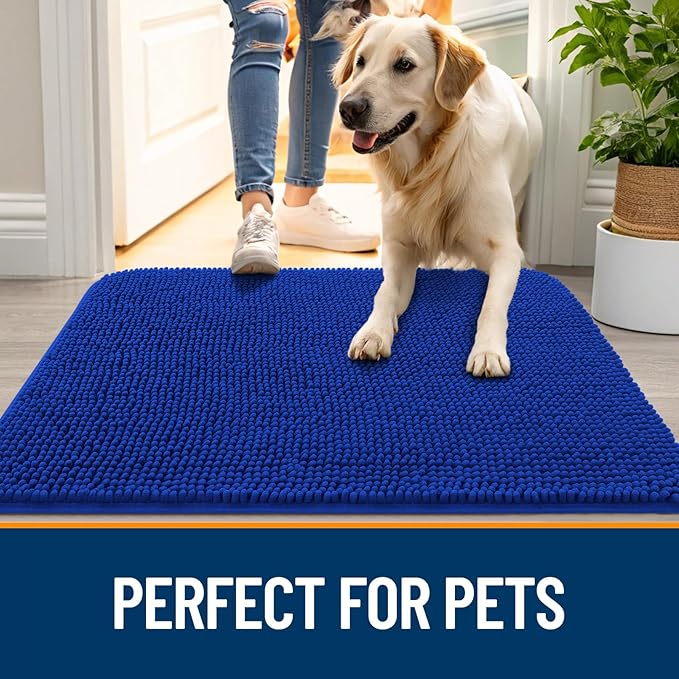 OLANLY Dog Door Mat for Muddy Paws 34x21, Absorbs Moisture and Dirt, Absorbent Non-Slip Washable Doormat, Quick Dry Chenille Mud Mat for Dogs, Entry Indoor Entryway Carpet for Inside Floor, Royal Blue