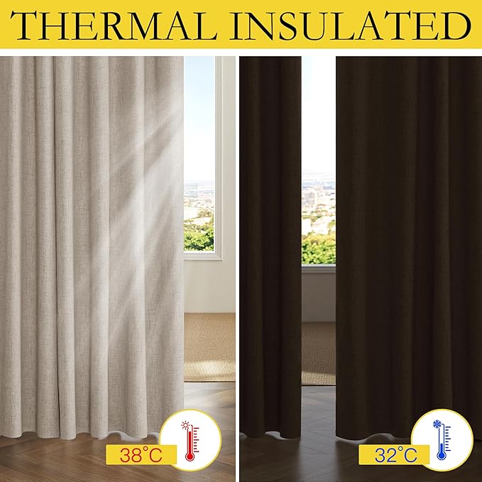 NICETOWN Oatmeal Full Blackout Boho-Chic Linen Curtains 84 inch Long 2 Panels Set for Cafe Window, 42 inch Wide, Thick Linen Blend Drapes, Insulated Window Covers Draperies with White Backing