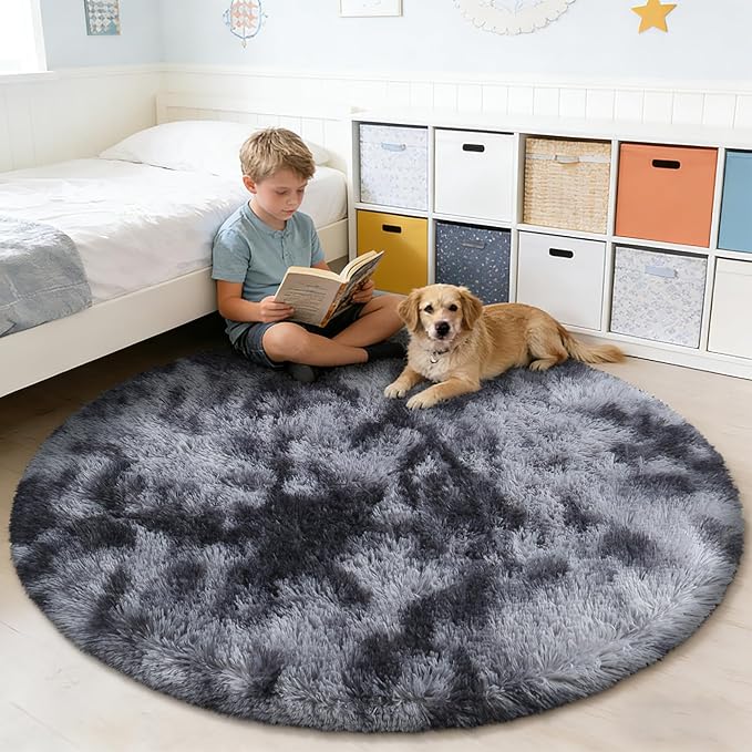 Tie-Dyed Black Fluffy Round Rug,Soft Area Rugs for Girls Room,Shaggy Rugs 3'X3' for Living Room,Non Slip Circle Rug for Kids Bedroom,Shag Plush Nursery Rug,Plush Carpet for Dorm,Cute Furry Room Decor