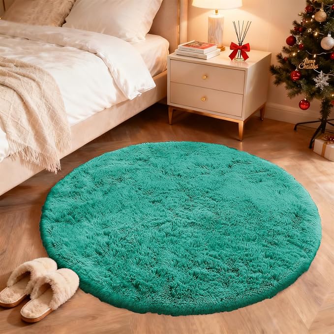 OLANLY Teal Green Round Rugs for Bedroom - Machine Washable, 8 ft Circle Area Rugs for Living Room, Soft and Fluffy Shaggy Carpet for Teen Girl and Boys, Nursery Rooms, Dorms, Home Decor Aesthetic