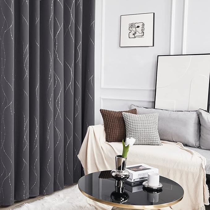 Deconovo Grey Blackout Curtains for Living Room, Thermal Insulated Soundproof Drapes, Wave Dots Foil Print, 52 x 95 Inches Long, 2 Panels, Machine‑Washable Window Panel for Bedroom Nursery Office
