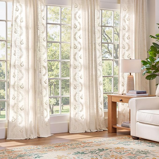 jinchan Belrose Linen Curtains for Bedroom Floral Curtains 72 Inch Length Linen Blend Ivory Embroidered Drapes Farmhouse Flower Patterned Drapes for Living Room Window Treatments Set 2 Panels