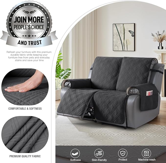 TAOCOCO 100% Waterproof Loveseat Recliner Cover, Non Slip Split Recliner Couch Cover with Elastic Straps, Washable Reclining Sofa Cover Furniture Protector for Kids, Pets(2 Seater, Charcoal Gray)