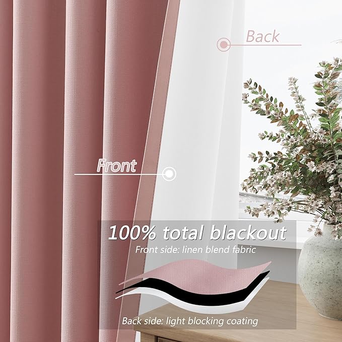 Guken Pink 100% Blackout Linen Curtains 120 Inch 2 Panels Set for Girl's Bedroom, Living Room, Nursery, Back Tab/Rod Pocket Thermal Insulated Black Out Drapes Farmhouse for Bedroom Window Curtains