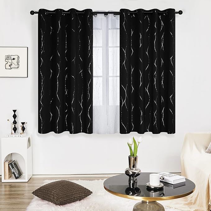 Deconovo Blackout Curtains 63 Inch Length 2 Panels Set, Black Drapes, Thermal Insulated Noise Reducting Privacy Curtain with Silver Print, Grommet Top, Machine Washable Window Panel for Living Room