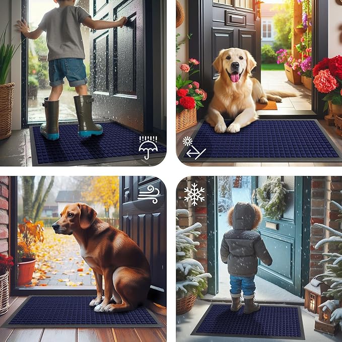 Smiry Front Door Mat Outside Entrance, Heavy Duty Natural Rubber Doormat, Non Slip, Trap Dirt and Moisture, Easy Clean, Low Profile Welcome Floor Mats for Indoor Outdoor Entry, 59x23 Inch, Navy Blue