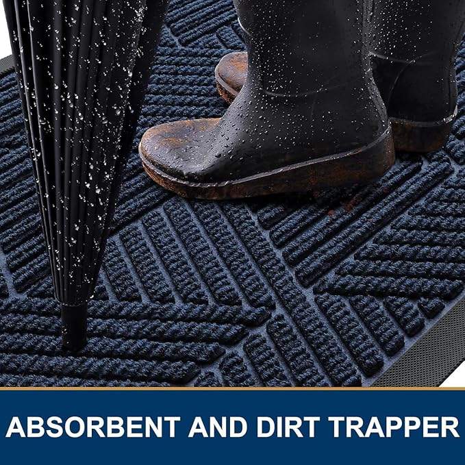 Smiry Front Door Mat Outside Entrance, Heavy Duty Sturdy Natural Rubber Doormat, Trap Dirt and Moisture, Easy Clean Low Profile Mats for Indoor Outdoor Entry, Irregular Triangle (47x17, Navy Blue)