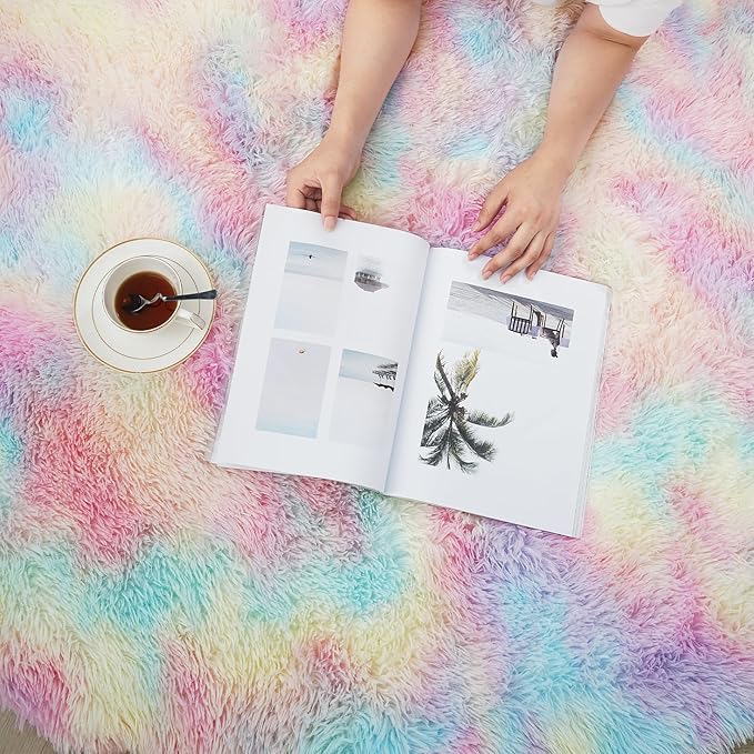 yulidayang Rainbow Fluffy Round Area Rugs for Bedroom,4'X4'Shag Circle Area Rugs for Girls Room,Non Slip Fuzzy Plush Rug for Kids Room Living Room and Dorm Home Decor Rug