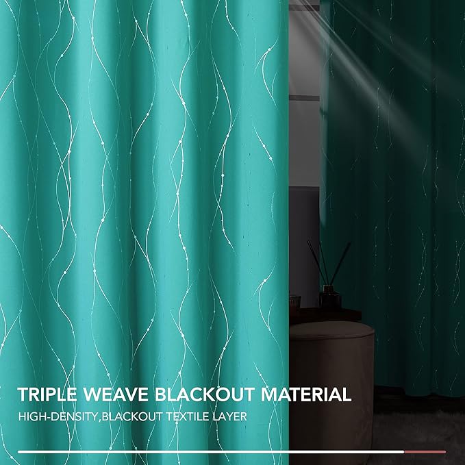 Deconovo Blackout Curtains for Bedroom, Thermal Insulated Soundproof Drapes with Wave Dot Foil Print, 42 x 95 Inch Long, Set of 2, Machine Washable Window Curtain for Living Room Office, Turquoise