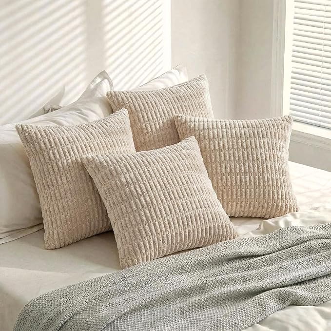 Fancy Homi 4 Packs Tan Decorative Throw Pillow Covers 18x18 Inch for Living Room Couch Bed Sofa, Beige Rustic Farmhouse Boho Home Decor, Soft Plush Striped Corduroy Square Cushion Case 45x45 cm