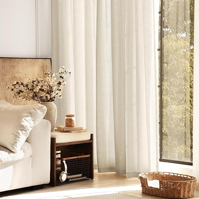 Faux Linen Beige Curtains 132 inches Long for Living Room Rustic Farmhouse Linen Drapes Semi Sheer Burlap Textured Canvas Cloth Curtain Panels Set of 2 Kahki Tan Colored