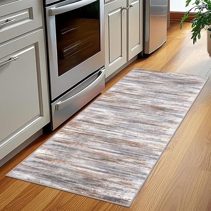 KOZYFLY Kitchen Runner Rug for Hallway Non-Slip Modern Abstract Runner Rug 2x5 Grey Brown, Washable Carpet Runner Laundry Room Mat with Soft Low Pile for Entryway Bathroom Bedroom Kitchen