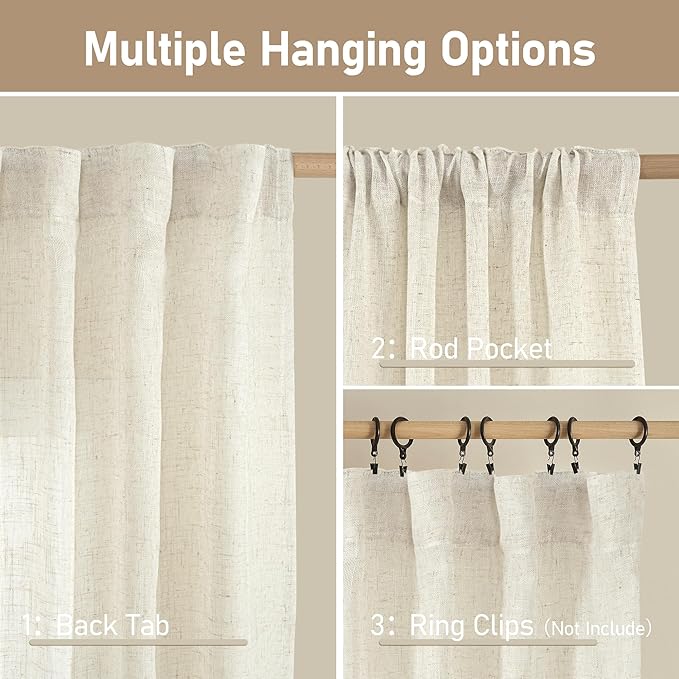 LAMIT Natural Linen Blended Curtains for Living Room, Back Tab and Rod Pocket Semi Sheer Curtains Light Filtering Country Rustic Drapes for Bedroom/Farmhouse, 2 Panels,52 x 120 Inch, Natural Ivory