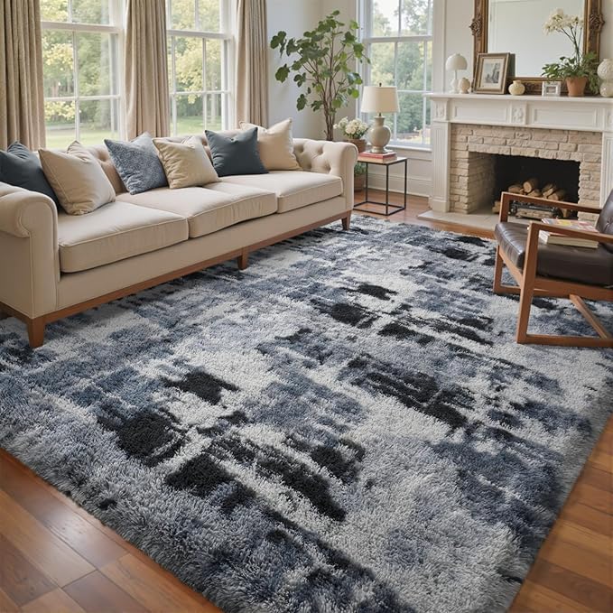 5x7 Ft Large Shag Rugs for Bedroom Living Room, Tie Dyed Ultra Soft Fluffy Furry Area Rug for Indoor Floor, Aesthetic Carpet for Home Decor (Blue)