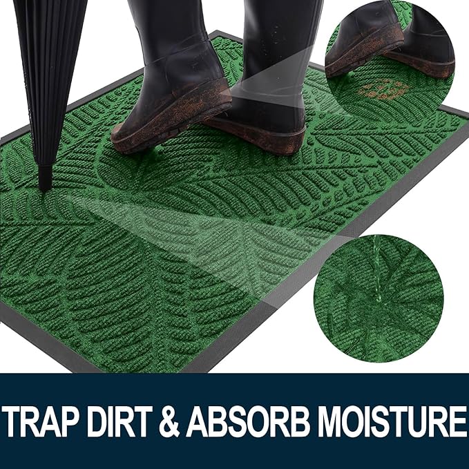 Colorxy Waterproof Doormat, Sturdy Natural Rubber Front Indoor Mat, Non Slip Low Profile Indoor Outdoor Door Mats, Stain and Fade Resistant Floor Mat, Easy Clean Patio Entrance Mat, 48''x32'', Green