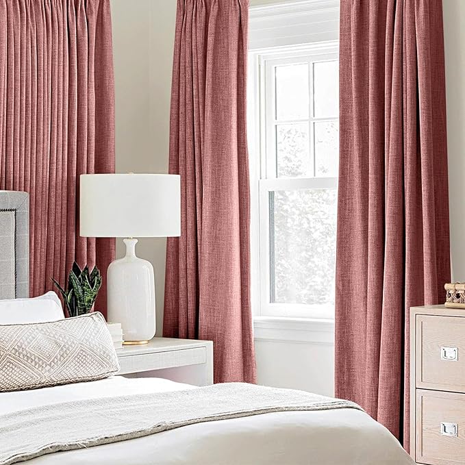 MIULEE 100% Blackout Linen Textured Curtains for Bedroom Solid Thermal Insulated Dusty Rose Grommet Room Darkening Curtains & Drapes Luxury Decor for Living Room Nursery 52 x 96 Inch (2 Panels)
