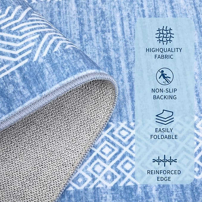 GarveeHome 10x13 Large Washable Geometric Area Rug Non Slip Non Shedding Floor Carpet, Modern Bordered Distressed Light Blue Indoor Printed Rug for Living Room, Bedroom, Office