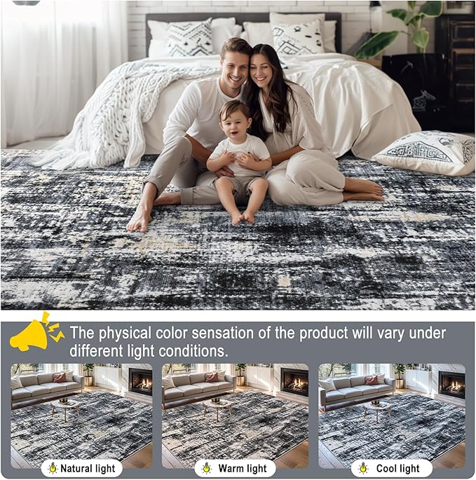 Area Rugs 10x14 Living Room - Washable Rug Modern Abstract Soft Large Neutral Non-Slip Carpet Indoor Floor Thin Carpets for Bedroom Dining Room Farmhouse Nursery Home Office Black Gold