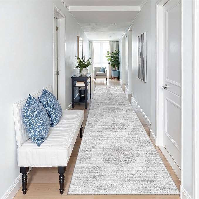 2x12 Runner Rug, Long Hallway Rugs for Dining Room, Living Room, Bedroom, Machine Washable Kitchen Carpet Runner with Rubber Backing, Soft Low Pile Indoor Rug(2'x12', Light Grey/White)