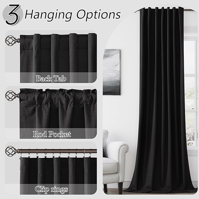 Guken Black 100% Blackout Curtains 108 Inch Length 2 Panels Set for Living Room Bedroom Back Tab Thermal Insulated Black Out Linen Drapes Room Darkening Window Curtains 52x108