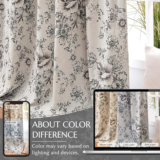 jinchan Blackout Floral Curtains for Living Room Bedroom Linen Blend Curtain Farmhouse Black Printed with Lined Back Tab Rod Pocket Drapes Window Treatments 2 Panels 84 Inch