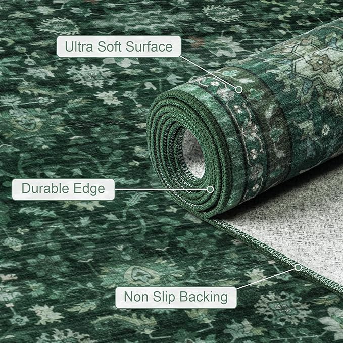 Hallway Runner Rug Non Slip - Washable 2.6x8 Kitchen Rugs for Living Room, Low-Pile Soft Bedroom Rug Indoor Floor Stain Resistant Carpets for Entryway, Laundry, Bathroom Deep Green