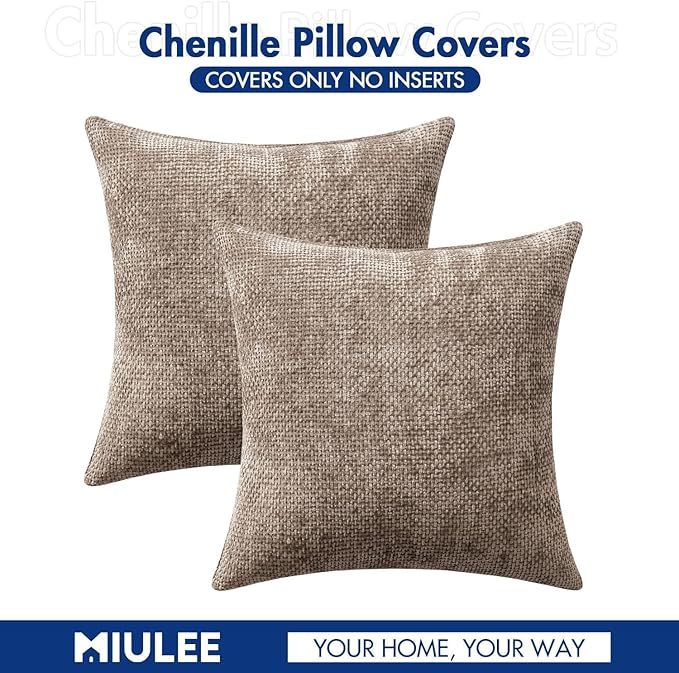 MIULEE Pack of 2 Couch Throw Pillow Covers 18x18 Inch Light Khaki Boho Accent Decorative Pillow Covers Soft Chenille Farmhouse Taupe Cushion Covers for Home Decor Bed Sofa Living Room