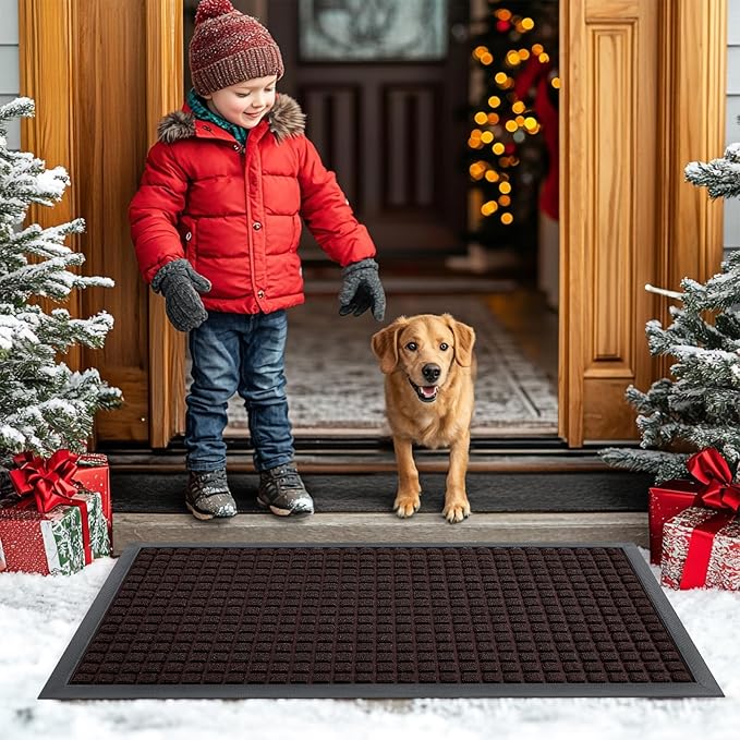 Smiry Front Door Mat Outside Entrance, Heavy Duty Natural Rubber Doormat, Non Slip, Trap Dirt and Moisture, Easy Clean, Low Profile Welcome Floor Mats for Indoor Outdoor Entry, 47x23 Inch, Brown