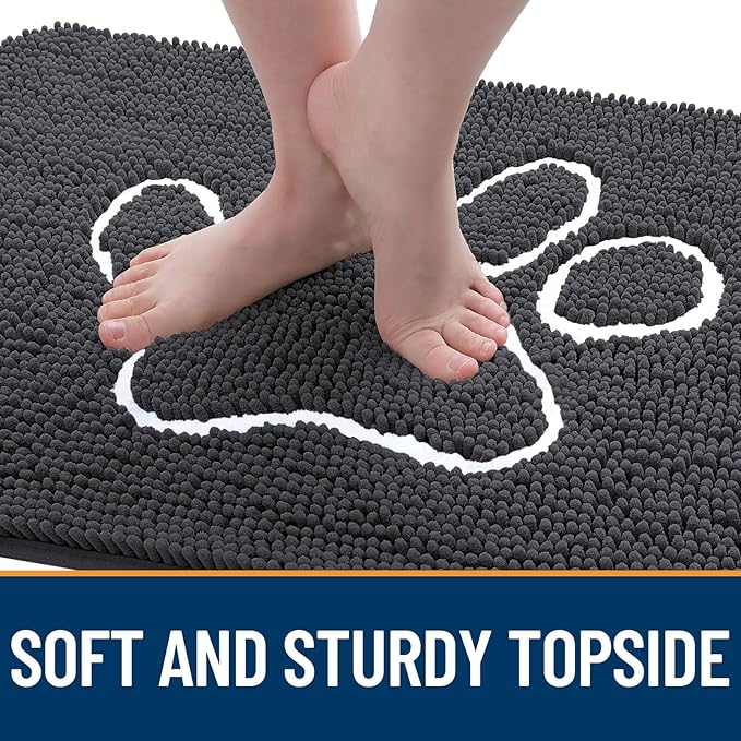 OLANLY Dog Door Mat for Muddy Paws 40x32, Paw Print Design, Absorbs Moisture and Dirt, Absorbent Non-Slip Washable Doormat, Quick Dry Chenille Mud Mat for Dogs, Entry Indoor Entryway Carpet, Dark Grey
