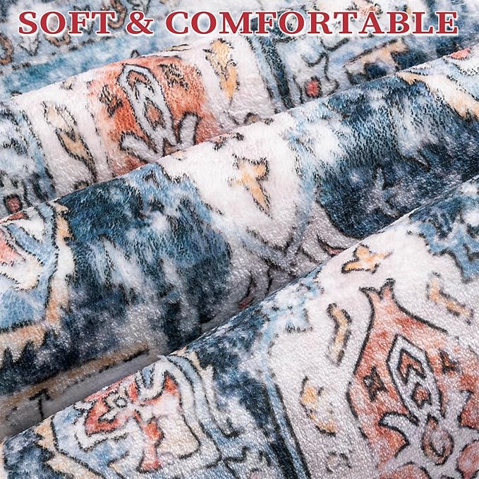 SERISSA Washable Rugs 6x9 Area Rugs, Large Non-Slip Boho Living Room Blue Orange Rug, Ultra Soft Vintage Oriental Tribal Farmhouse Carpet for Dining Room Bedroom Dorm Office Home Decor