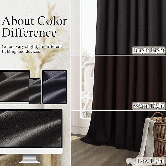 Guken Black 100% Blackout Curtains 108 Inch Length 2 Panels Set for Living Room Bedroom Back Tab Thermal Insulated Black Out Linen Drapes Room Darkening Window Curtains 52x108