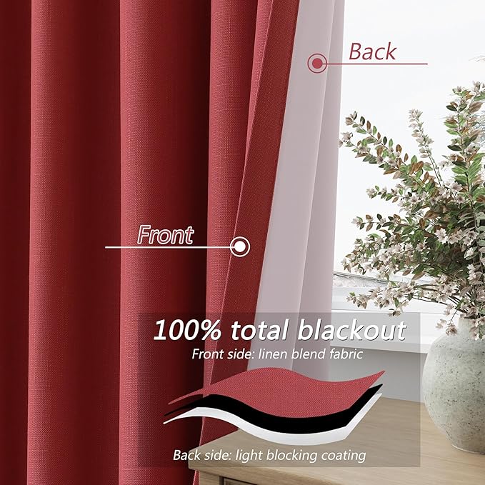 Guken Red 100% Blackout Linen Curtains 84 Inch Length 2 Panels Set for Living Room Bedroom Back Tab/Rod Pocket Thermal Insulated Black Out Drapes Room Darkening Window Curtains 84 Inches Long