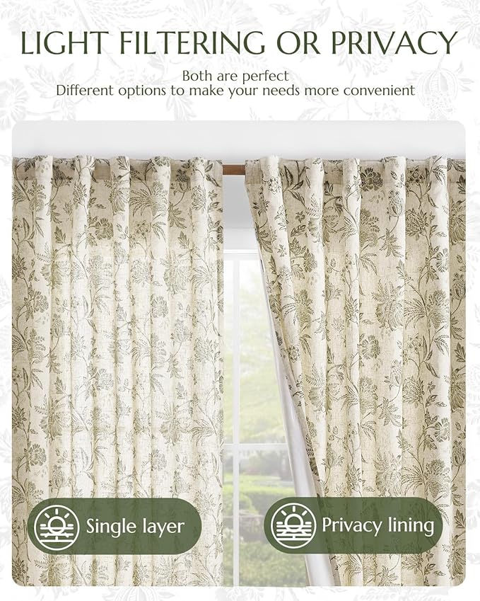 jinchan Lined Linen Floral Curtains for Living Room, 63 Inch Length Printed Flower Farmhouse Patterned French Country Back Tab Green Window Drapes Set Privacy Bedroom Curtains, 2 Panels