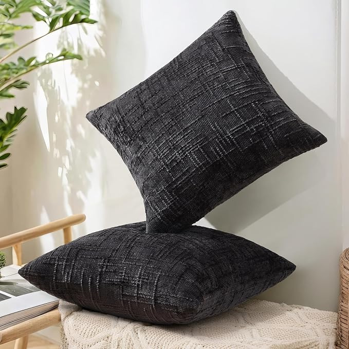 decorUhome Black Chenille Euro Sham Throw Pillow Covers 22x22 Set of 2 Textured Soft Cozy Slubby Couch Pillow Covers Modern Farmhouse Boho Decorative Pillow Cases for Bed Sofa Living Room