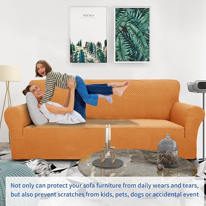 ZNSAYOTX 1 Piece Jacquard Couch Covers for 3 Cushion Couch High Stretch Sofa Cover for Pets Dogs Anti Slip Extra Large Sofa Slipcovers Furniture Protector (X-Large, Orange)