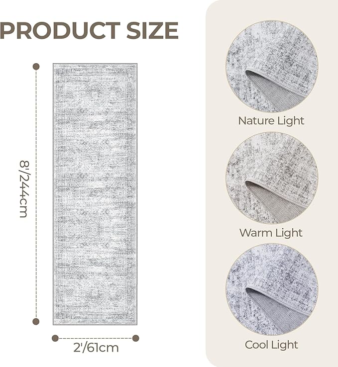 Rug Runners for Hallways Non Slip - 2x8 Runner Rug for Bedroom, Washable Runner with Rubber Backing, Soft Low-Pile Carpet for Kitchen, Laundry, Bathroom (2'x8', Grey/Ivory)