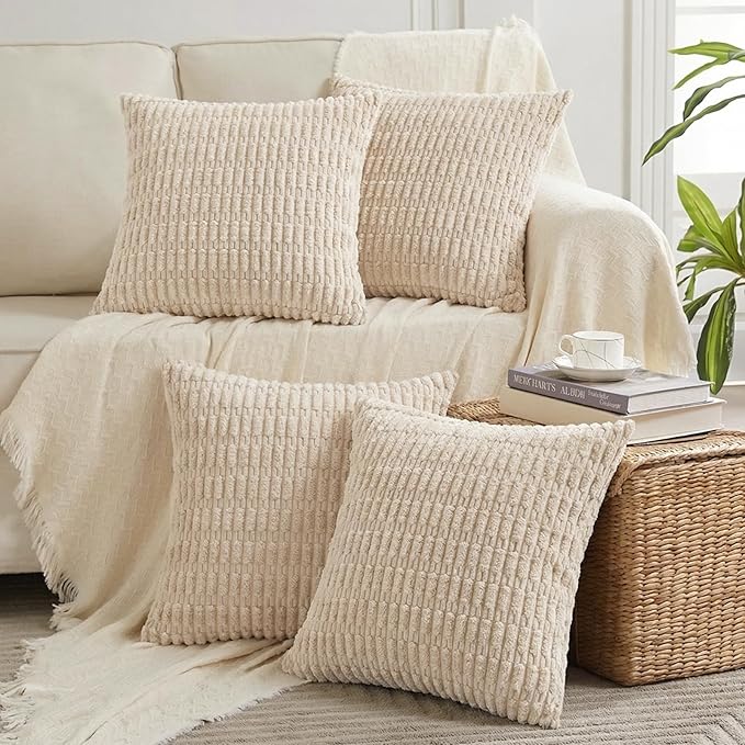 Fancy Homi 4 Packs Tan Decorative Throw Pillow Covers 18x18 Inch for Living Room Couch Bed Sofa, Beige Rustic Farmhouse Boho Home Decor, Soft Plush Striped Corduroy Square Cushion Case 45x45 cm