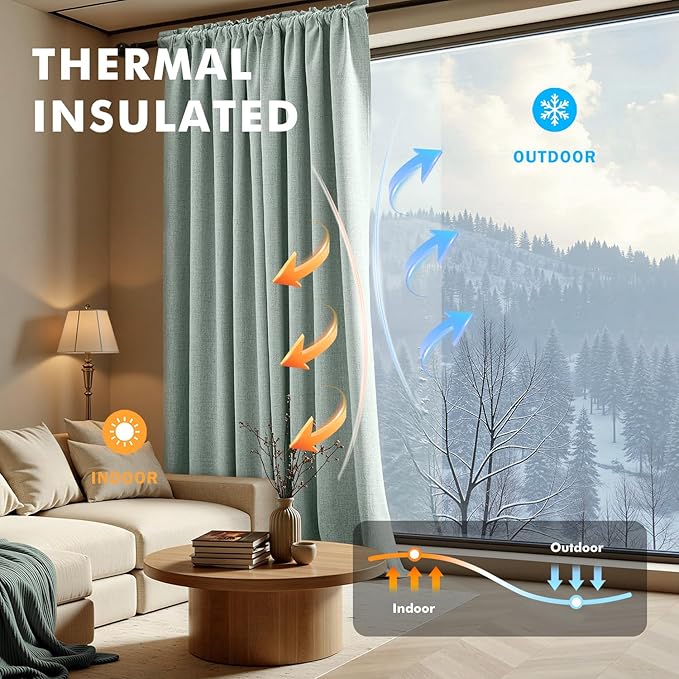MIULEE 100% Blackout Linen Curtains for Bedroom, Seafoam Green Solid Luxury Decor Thermal Insulation Room Darkening Drapes for Living Room Nursery Back Tab Rod Pocket 42 x 84 Inches, 2 Panels