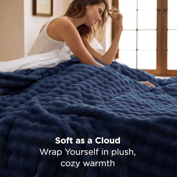 Bedsure 3D Fleece Bubble Blanket - GentleSoft Blue Queen Blanket for Bed Sofa Room Decor - Luxury Soft Cozy Gifts for Kids Girls, Lightweight, All Seasons, Navy Blue, 90"×90"