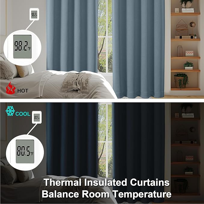 Simplebrand Stone Blue Blackout Curtains for Bedroom 102 Inches Long 2 Panels, Solid Thermal Insulated, Energy Saving Living Room Window Treatment Curtains Blackout Drapes, W50 x L102 Inch, Stone Blue