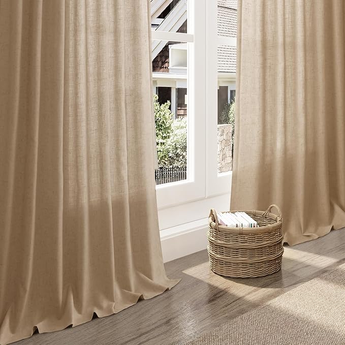 Nanspring Sand Beige Curtains 120 Inches Long for Living Room Linen Textured Simple Modern Semi Sheer Curtains Back Tab Floor to Ceiling Lightweight Curtain for Bedroom Office 52x120, 2 Panels