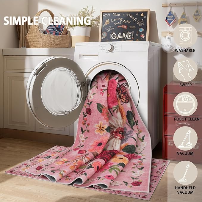 Washable Area Rug 8x10 Pink, Large Soft Rugs for Living Room Floral Carpet 8x10 Area Rugs for Girls Bedroom Nursery Room Non-Slip Stain Resistant Under Table Rug (8 x 10, Pink Garden)